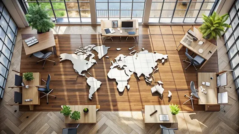 Modern office with world map floor design representing global multi-city event coordination
