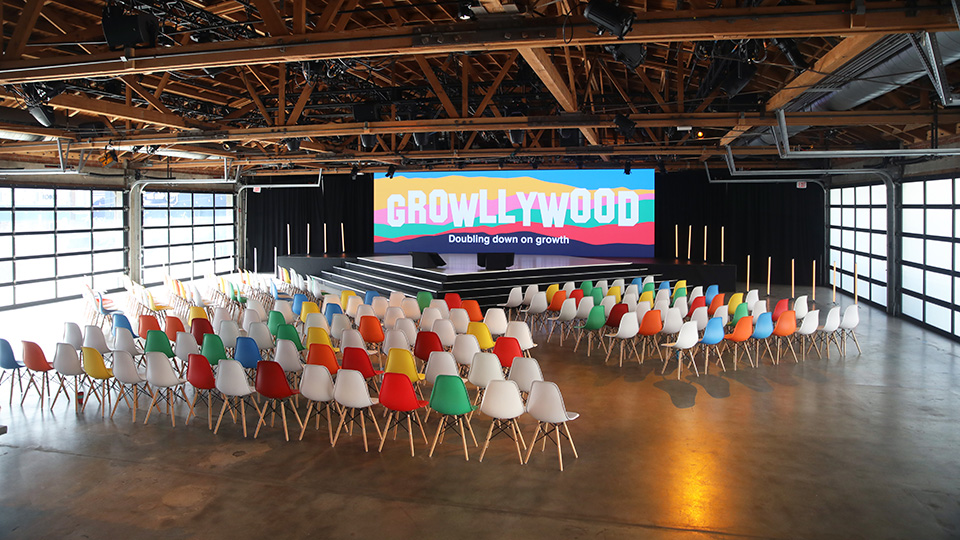 Growllywood corporate event venue with colorful seating designed for engagement not just logistics