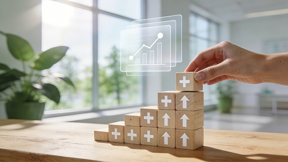 Building blocks with growth chart representing pre-committed return and measurable event ROI