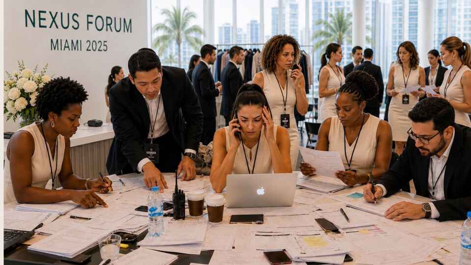 Event management team reviewing run of show paperwork at a Miami corporate forum while handling last minute changes.