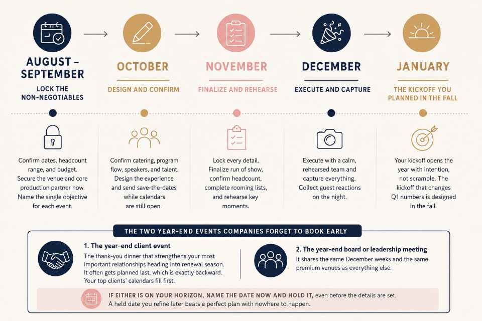 Year-end event planning timeline from August to January with monthly milestones for corporate events