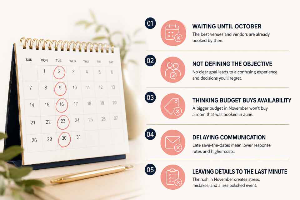 Five year-end event planning mistakes infographic with calendar showing common timing errors