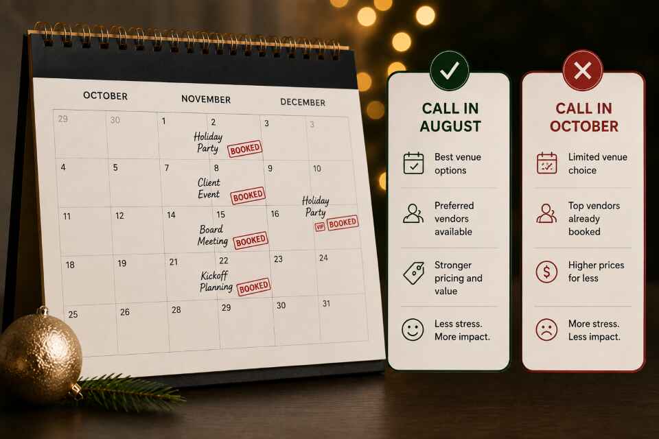 Q4 calendar comparing benefits of booking year-end events in August versus October