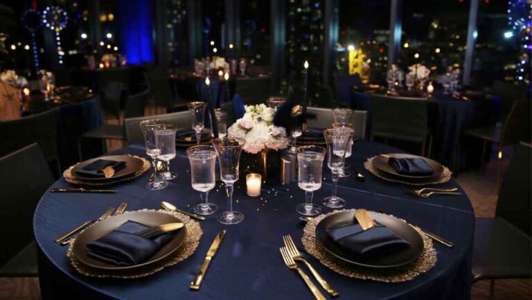Elegant navy and gold table setting for corporate year-end celebration event