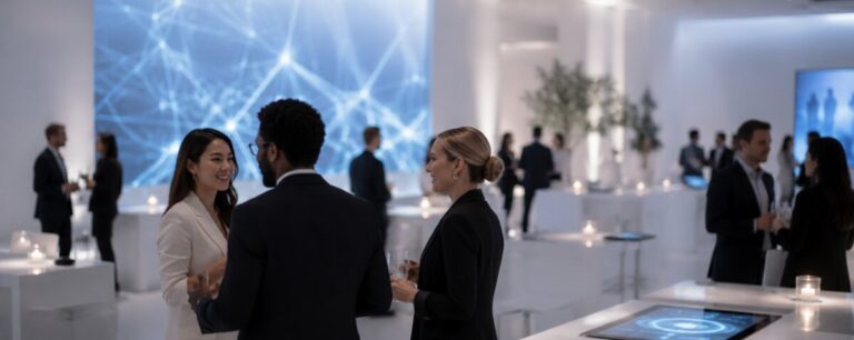 Guests network in a white gallery-style event space in front of a large projection of a glowing blue network, with an interactive touchscreen table nearby.