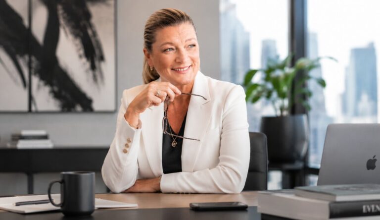 A woman in a white blazer sits at her desk holding her glasses, smiling as she looks out over a city skyline.
