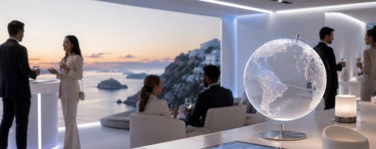 Guests talk over drinks at a clifftop lounge at sunset, an illuminated glass globe on the bar beside them and the sea below.