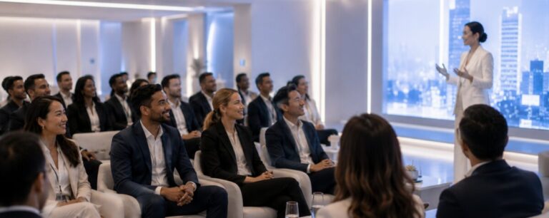 Delegates seated in a modern boardroom listen to a speaker presenting beside a floor-to-ceiling window overlooking a city skyline at dusk.