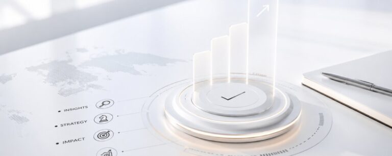 A rising three-dimensional bar chart glows above a white desk beside labels reading Insights, Strategy and Impact, with a world map and notebook.