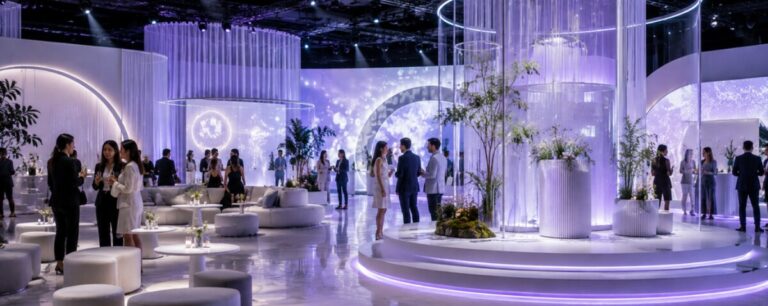 Guests mingle in an all-white brand activation space with circular lounge seating, glass columns and floral plinths lit from below in violet.