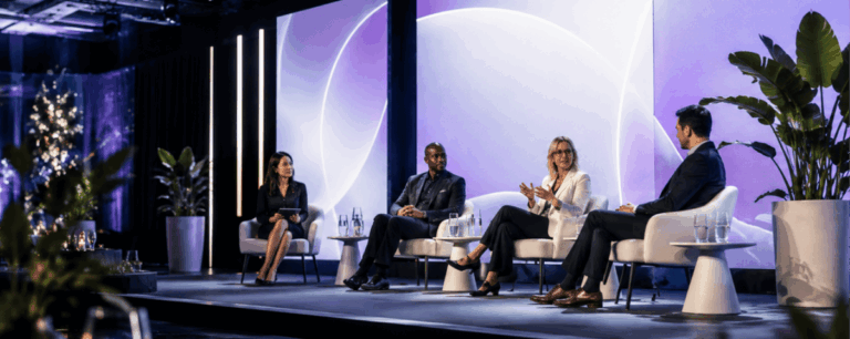 Four panellists in armchairs on a conference stage under violet lighting, one gesturing mid-answer in front of a large curved backdrop.