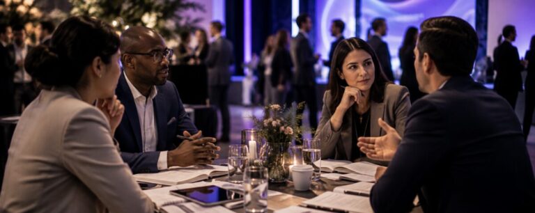Four professionals lean in over documents and tablets at a candlelit working table while a networking reception continues behind them.