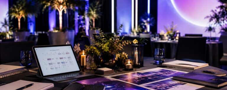 A tablet showing a month calendar sits on a planning table among candles, notebooks and printed event photographs, a dressed ballroom glowing behind.