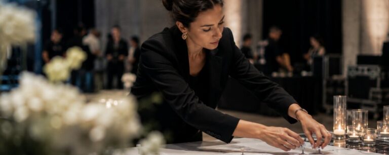 An event producer in a black blazer leans over a long table placing settings between lit candles and white florals while the crew works behind her during build.