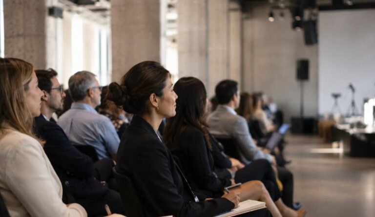 Rows of seated delegates take notes in a daylit hall of concrete columns, facing a stage set with a screen and camera.