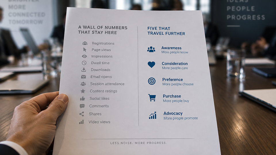 Hand holding a sheet contrasting vanity event metrics with five KPIs that matter: awareness, consideration, preference, purchase, advocacy.