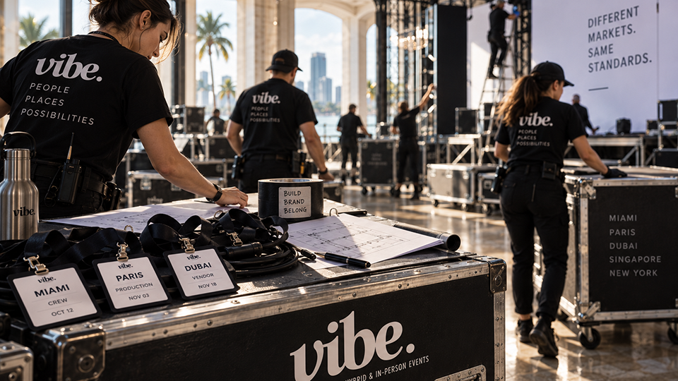 Vibe Agency crew preparing road cases and credentials for events in Miami, Paris, Dubai, Singapore, and New York.