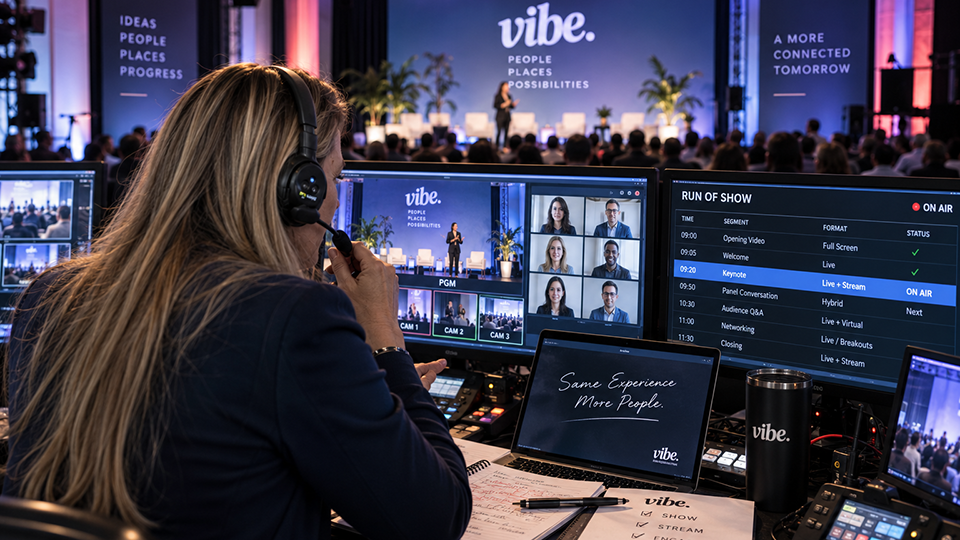 Valérie Bihet, founder of Vibe Agency, directing a hybrid event from a control room with live stream, cameras, and run of show.