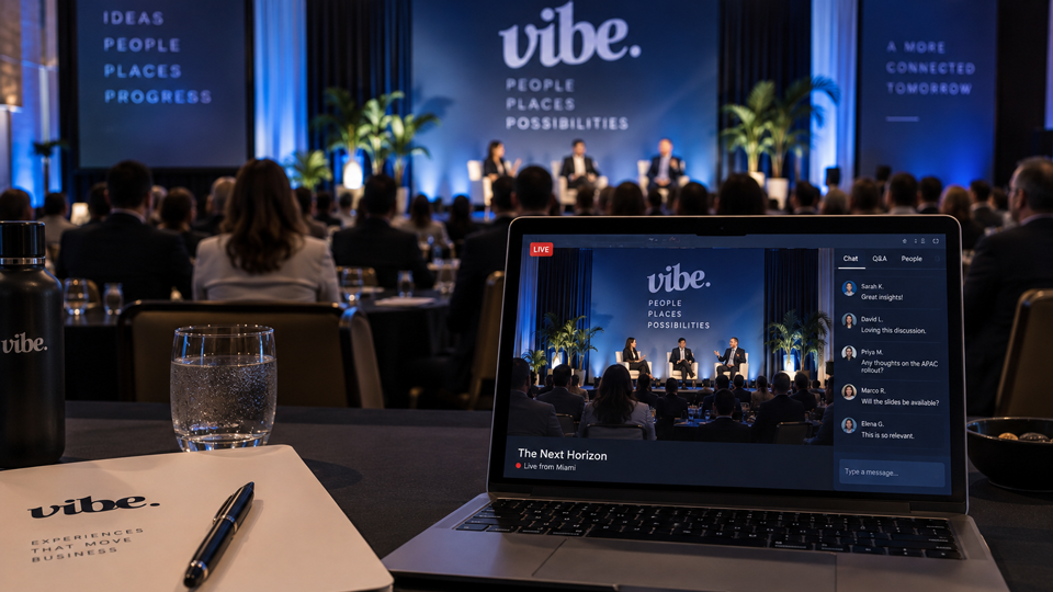 Hybrid corporate panel on a Vibe Agency stage, streamed live to a laptop with virtual attendee chat and Q&A from Miami.