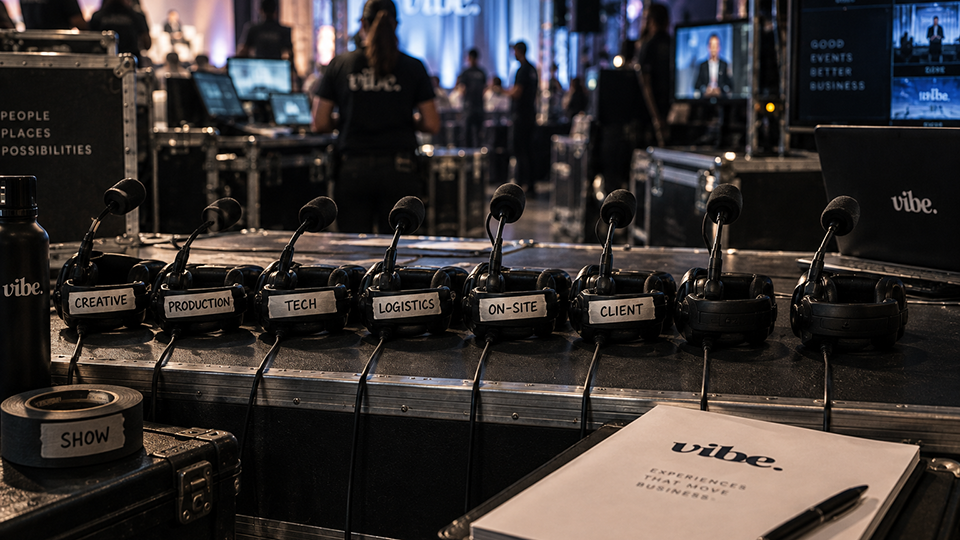 Row of labeled crew headsets for creative, production, tech, logistics, on-site, and client roles at a Vibe Agency event.