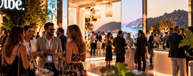 An evening reception in a glass pavilion lit by woven pendant lamps and glowing bars, guests with lanyards talking in small groups against a view of the coast at dusk.