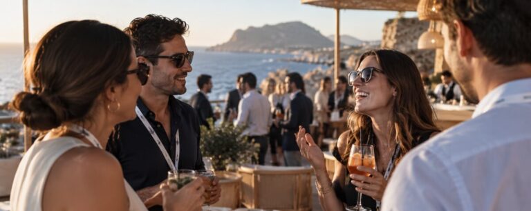 Delegates in sunglasses laugh over spritzes on a seaside terrace in golden evening light, a rocky headland rising from the water behind them.