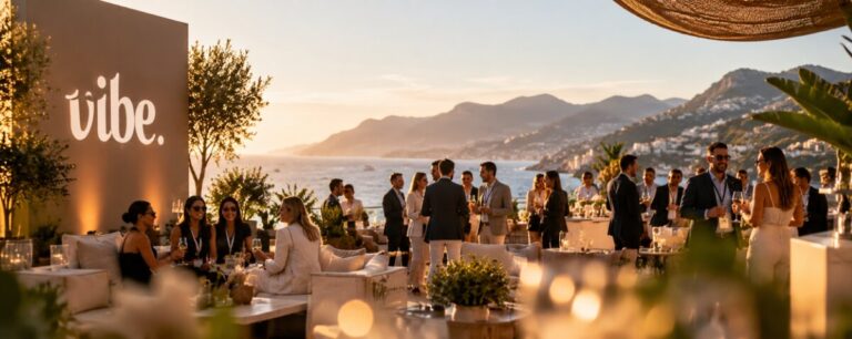 Guests in business dress mingle on a clifftop terrace at sunset, a lit Vibe sign on the wall beside them and a coastal town and mountains across the bay.