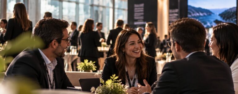 Four professionals in dark suits talk and laugh around a low table in a bright conference lounge, a laptop open between them.