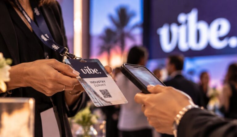 A delegate holds out a Vibe Industry Summit badge with a QR code for a phone to scan at event check-in, a large Vibe screen glowing in the background.